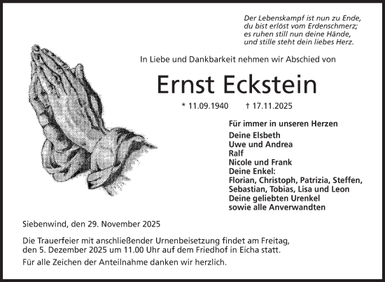 Traueranzeige von Ernst Eckstein von Neue Presse Coburg