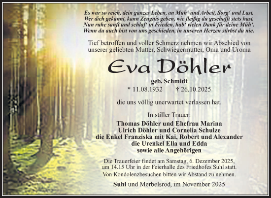 Traueranzeige von Eva Döhler von Südthüringer Presse