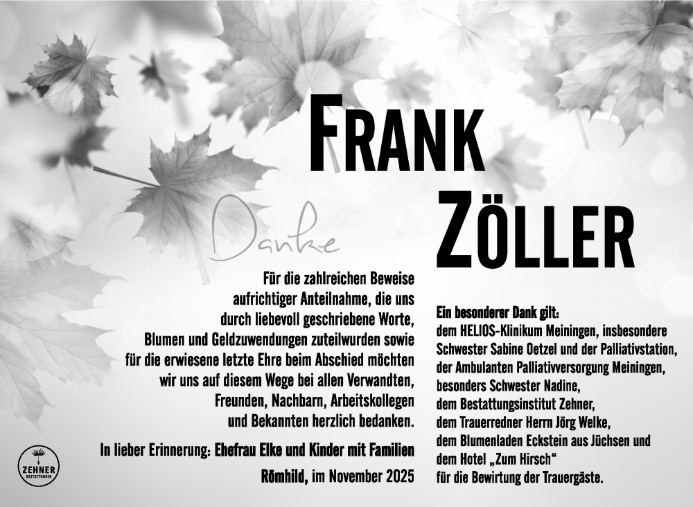  Traueranzeige für Frank Zöller vom 15.11.2025 aus Südthüringer Presse