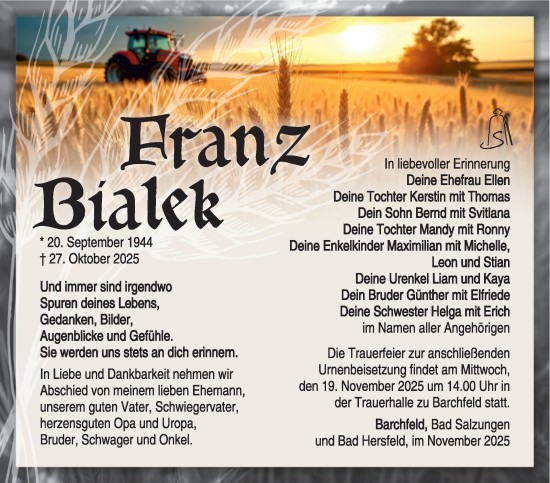 Traueranzeige von Franz Bialek von Südthüringer Presse
