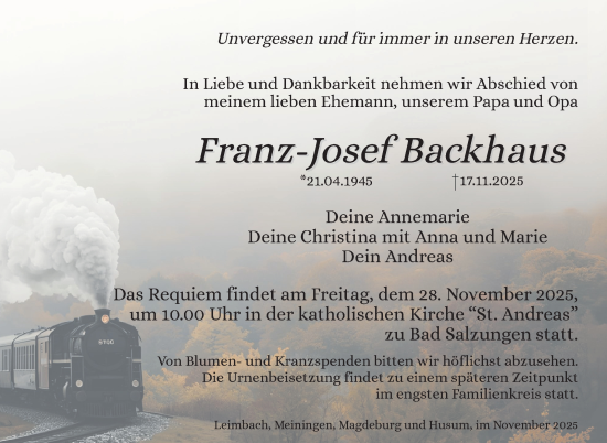 Traueranzeige von Franz-Josef Backhaus von Südthüringer Presse