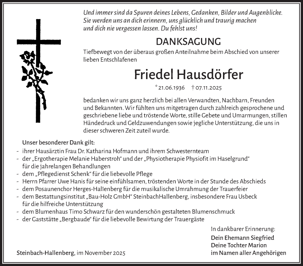  Traueranzeige für Friedel Hausdörfer vom 28.11.2025 aus Südthüringer Presse