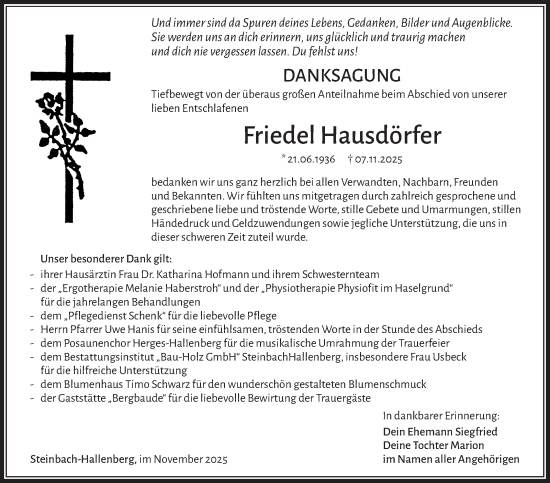Traueranzeige von Friedel Hausdörfer von Südthüringer Presse