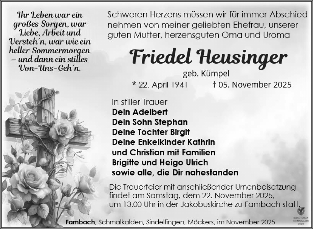  Traueranzeige für Friedel Heusinger vom 15.11.2025 aus Südthüringer Presse