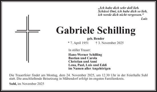Traueranzeige von Gabriele Schilling von Südthüringer Presse