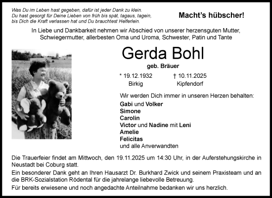 Traueranzeige von Gerda Bohl von Neue Presse Coburg