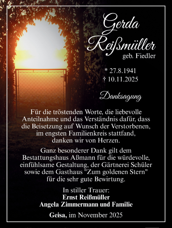 Traueranzeige von Gerda Reißmüller von Südthüringer Presse