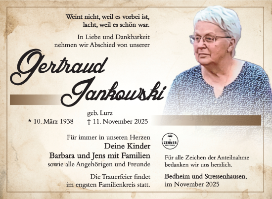 Traueranzeige von Gertraud Jankowski von Südthüringer Presse