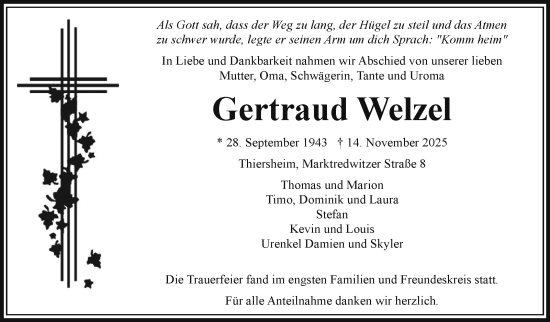 Traueranzeige von Gertraud Welzel von Frankenpost