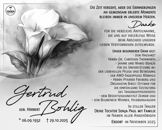 Traueranzeige von Gertrud Bohlig von Südthüringer Presse