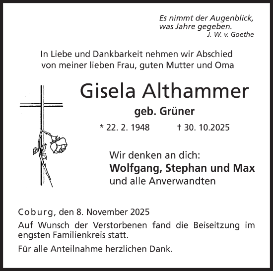 Traueranzeige von Gisela Althammer von Neue Presse Coburg