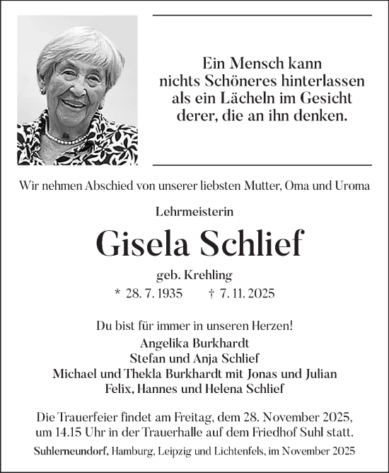 Traueranzeige von Gisela Schlief von Südthüringer Presse