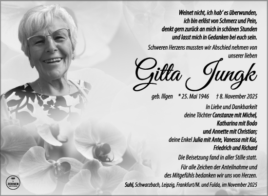 Traueranzeige von Gitta Jungk von Südthüringer Presse
