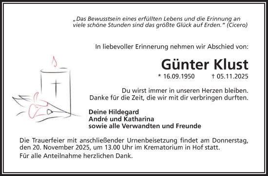 Traueranzeige von Günter Klust von Frankenpost