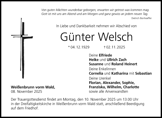 Traueranzeige von Günter Welsch von Neue Presse Coburg