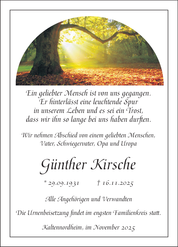  Traueranzeige für Günther Kirsche vom 22.11.2025 aus Südthüringer Presse