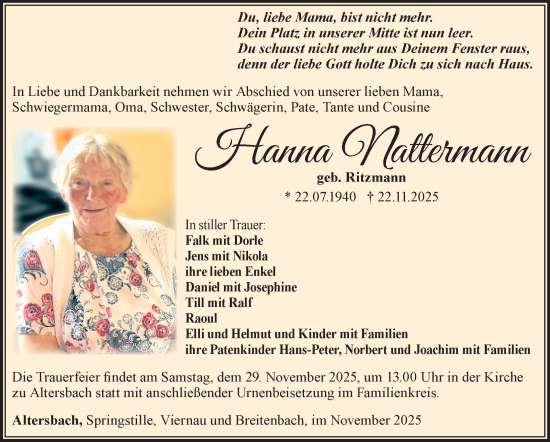 Traueranzeige von Hanna Nattermann von Südthüringer Presse