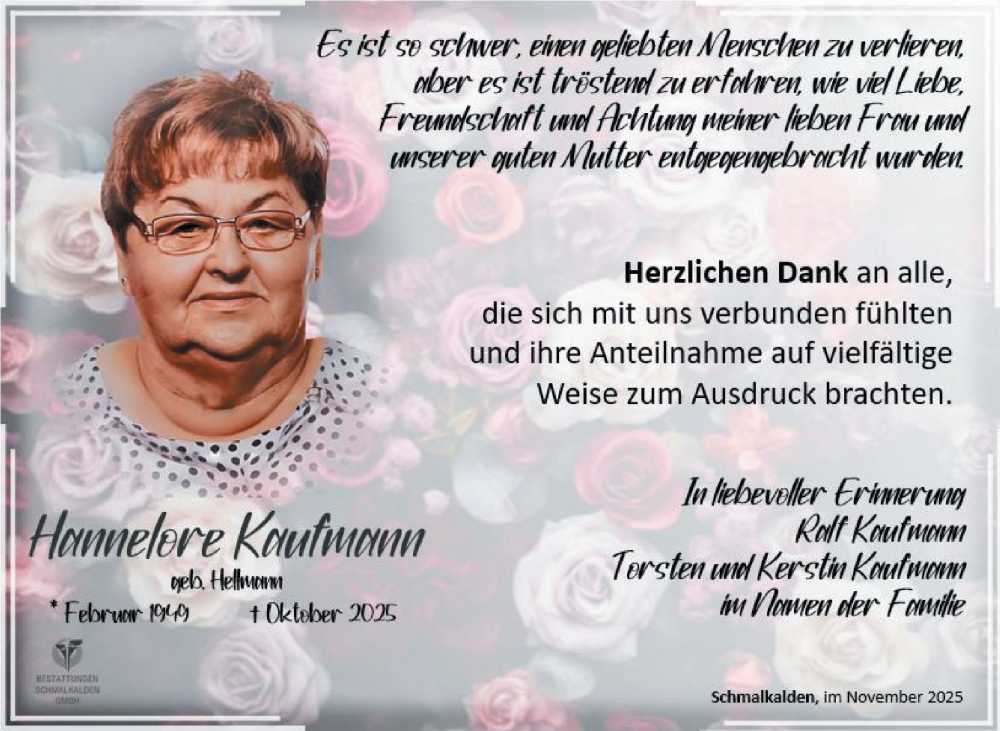  Traueranzeige für Hannelore Kaufmann vom 22.11.2025 aus Südthüringer Presse