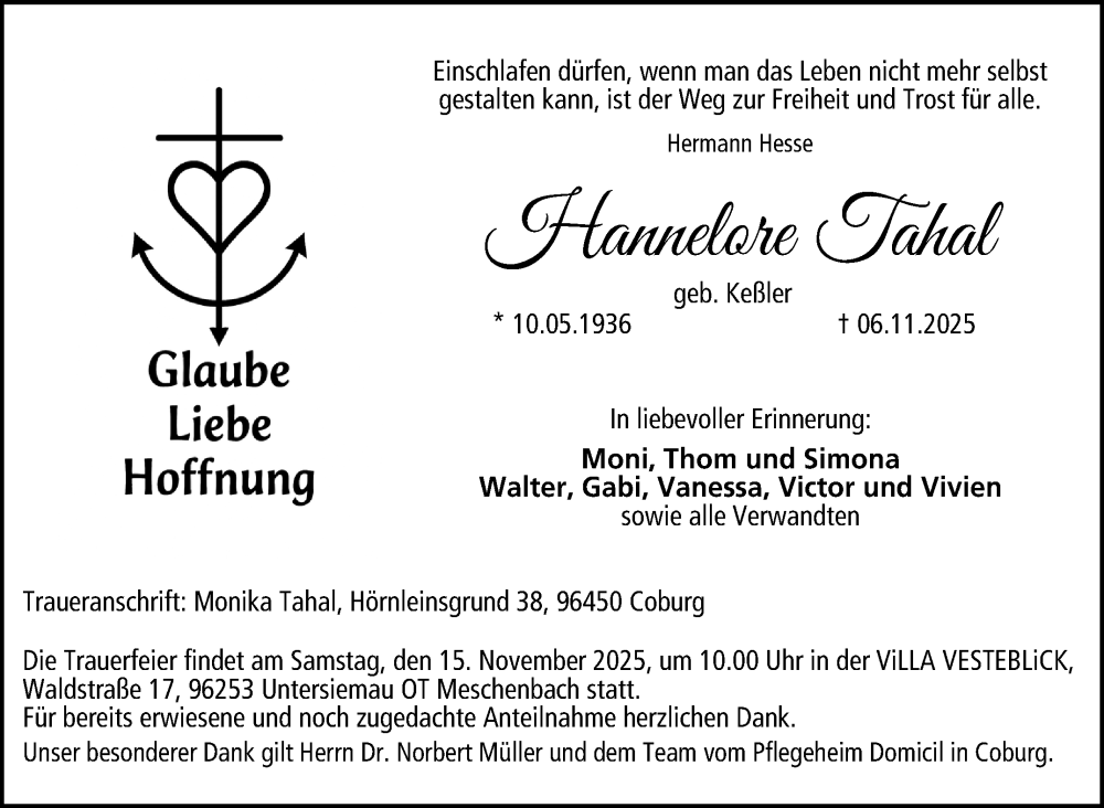  Traueranzeige für Hannelore Tahal vom 12.11.2025 aus Neue Presse Coburg