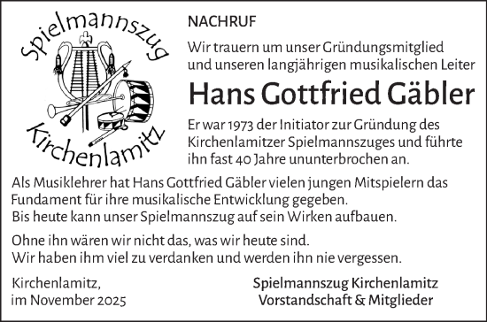 Traueranzeige von Hans Gäbler von Frankenpost