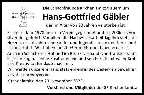 Traueranzeige von Hans-Gottfried Gäbler von Frankenpost