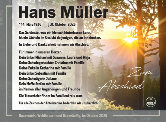Traueranzeige von Hans Müller von Südthüringer Presse