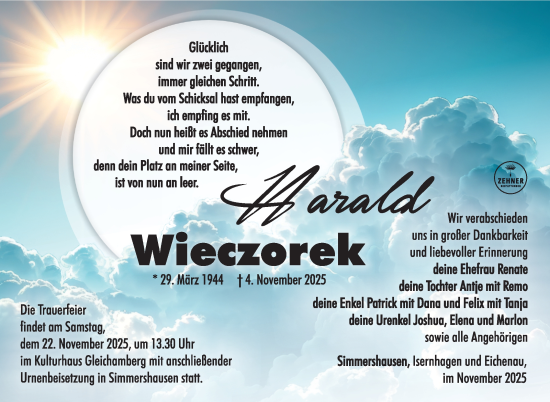 Traueranzeige von Harald Wieczorek von Südthüringer Presse