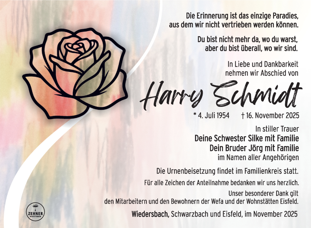  Traueranzeige für Harry Schmidt vom 29.11.2025 aus Südthüringer Presse