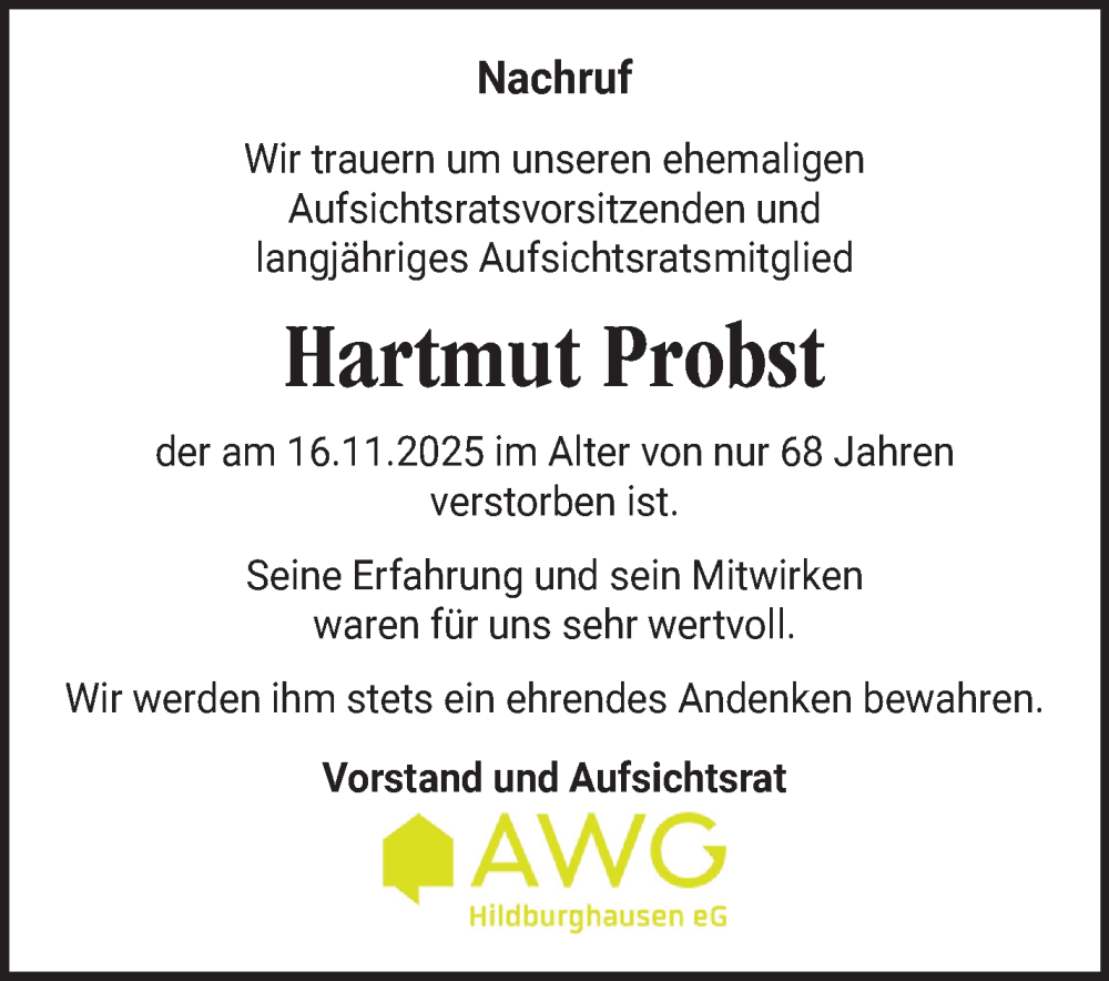  Traueranzeige für Hartmut Probst vom 29.11.2025 aus Südthüringer Presse