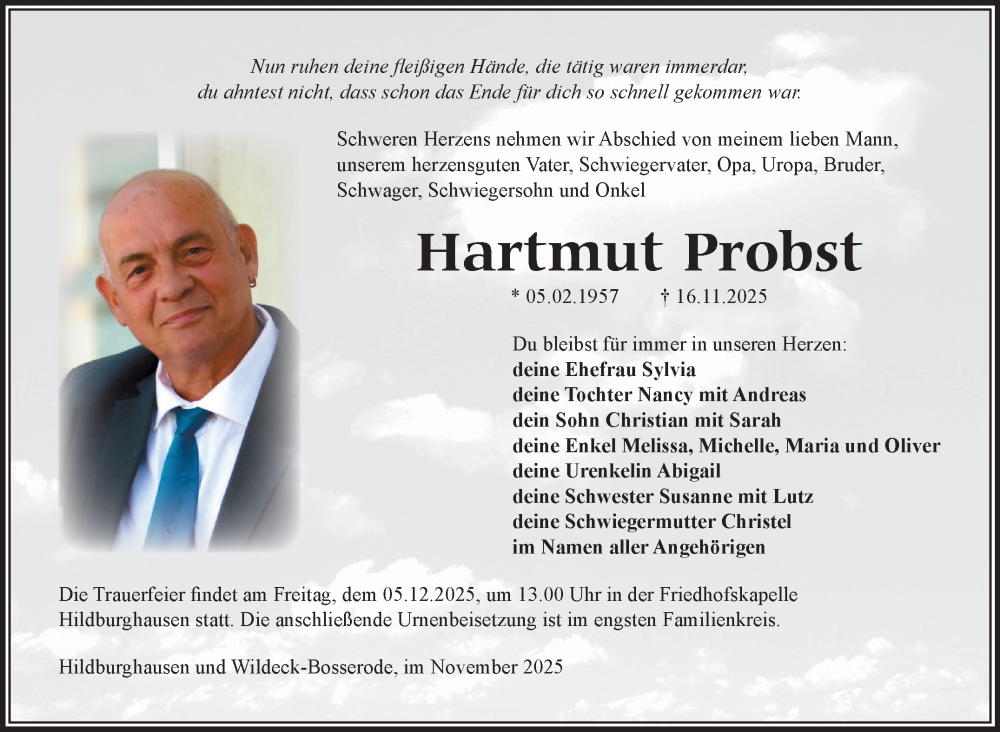  Traueranzeige für Hartmut Probst vom 29.11.2025 aus Südthüringer Presse
