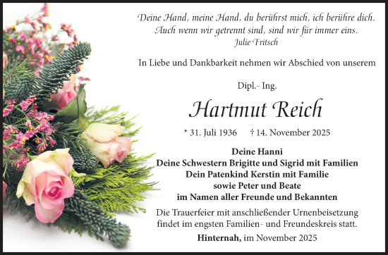 Traueranzeige von Hartmut Reich von Südthüringer Presse