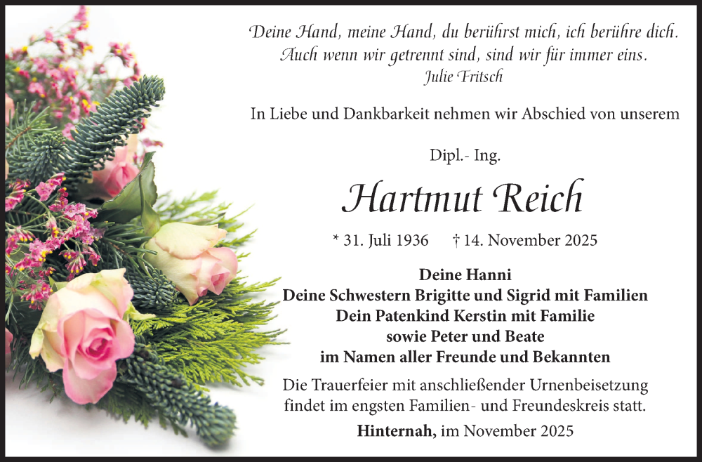  Traueranzeige für Hartmut Reich vom 29.11.2025 aus Südthüringer Presse