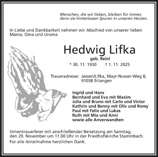 Traueranzeige von Hedwig Lifka von Frankenpost