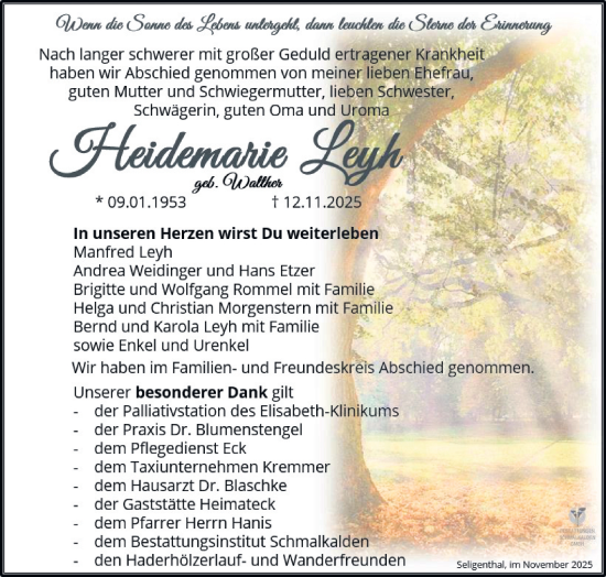 Traueranzeige von Heidemarie Leyh von Südthüringer Presse