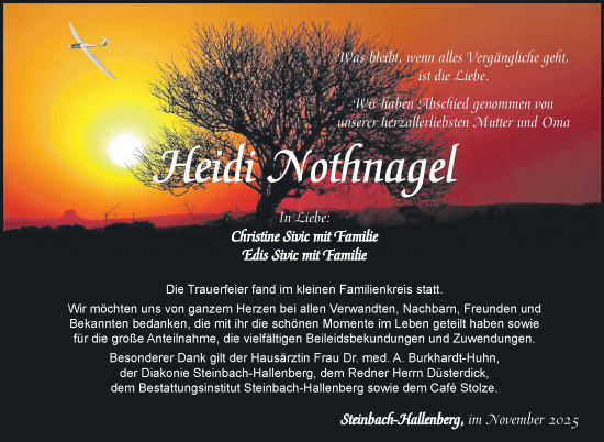 Traueranzeige von Heidi Nothnagel von Südthüringer Presse