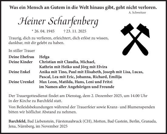 Traueranzeige von Heiner Scharfenberg von Südthüringer Presse