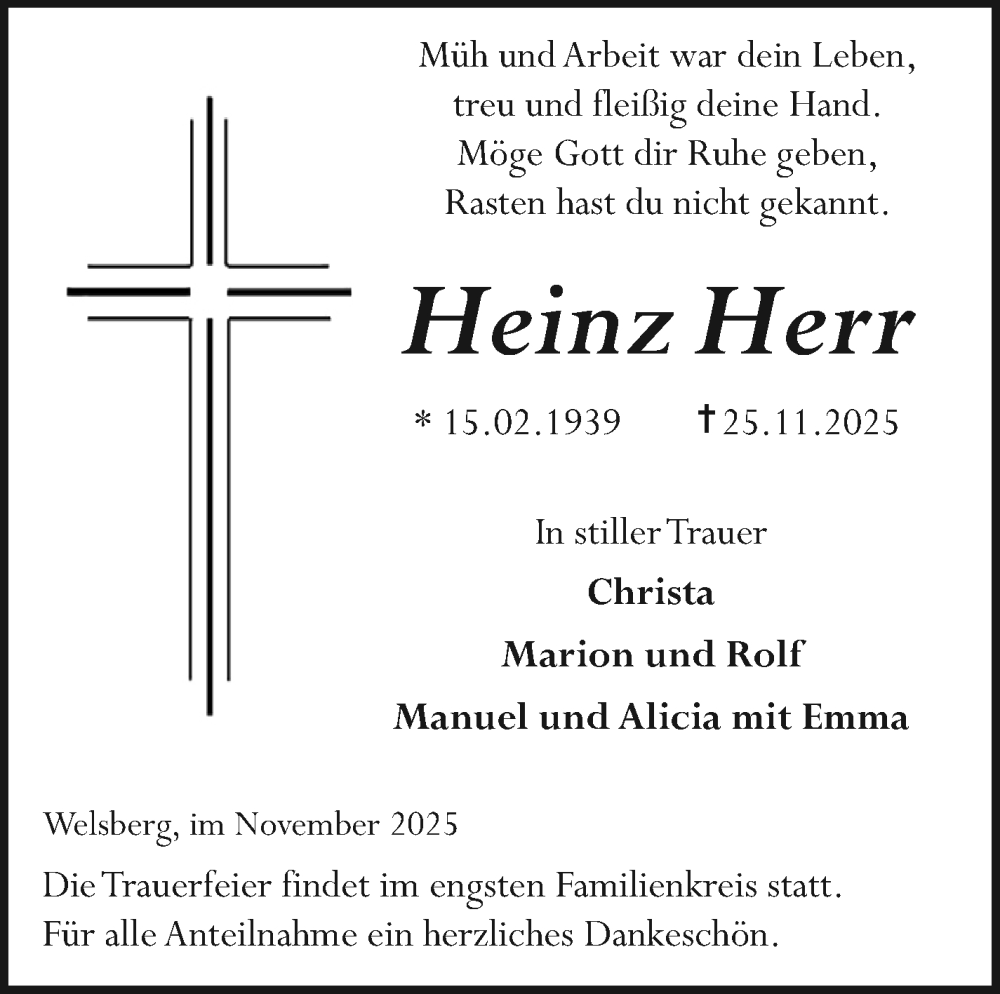  Traueranzeige für Heinz Herr vom 29.11.2025 aus Neue Presse Coburg