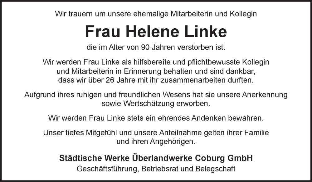  Traueranzeige für Helene Linke vom 22.11.2025 aus Neue Presse Coburg