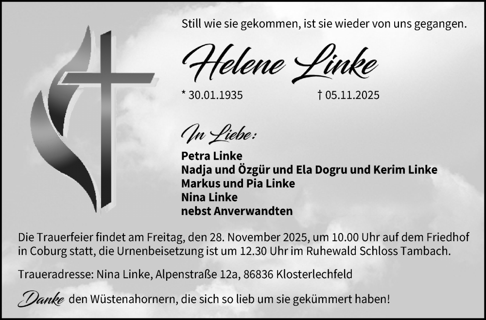  Traueranzeige für Helene Linke vom 15.11.2025 aus Neue Presse Coburg