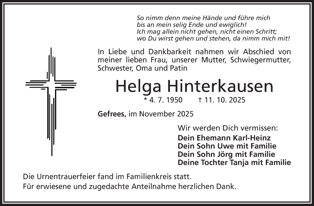  Traueranzeige für Helga Hinterkausen vom 08.11.2025 aus Frankenpost