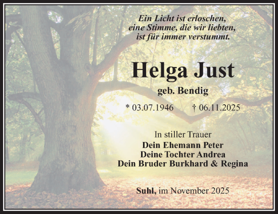 Traueranzeige von Helga Just von Südthüringer Presse