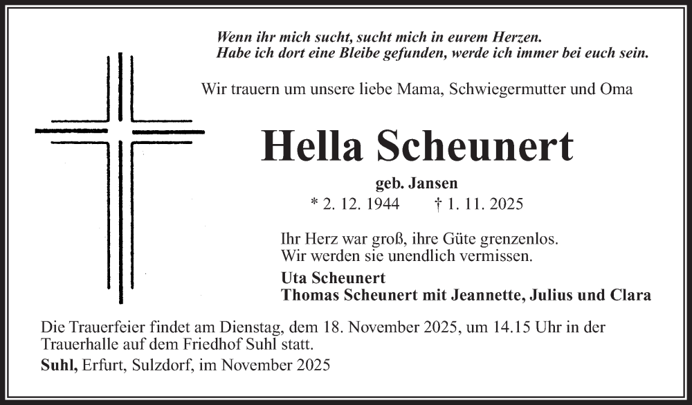  Traueranzeige für Hella Scheunert vom 08.11.2025 aus Südthüringer Presse