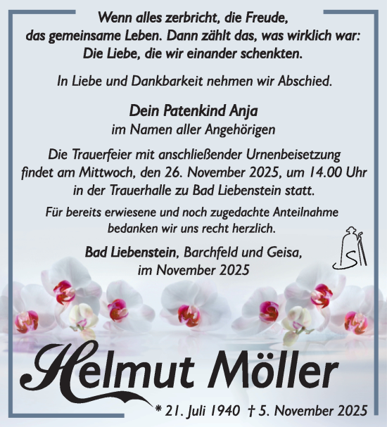 Traueranzeige von Helmut Möller von Südthüringer Presse
