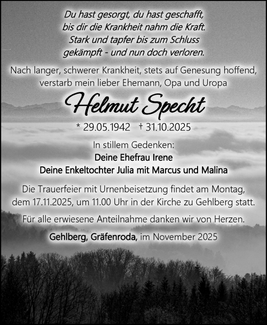 Traueranzeige von Helmut Specht von Südthüringer Presse
