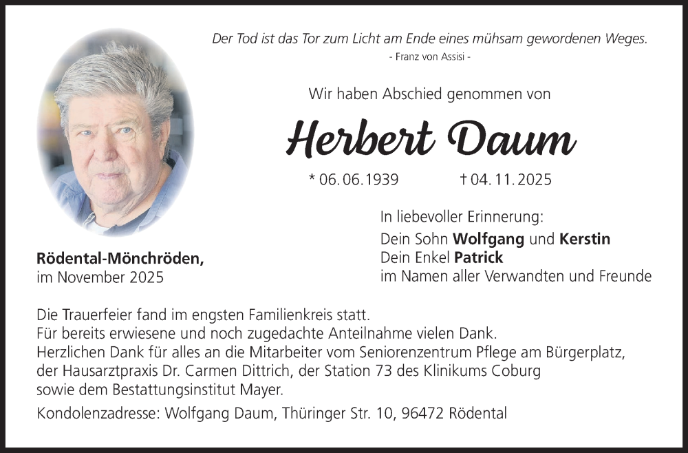  Traueranzeige für Herbert Daum vom 22.11.2025 aus Neue Presse Coburg