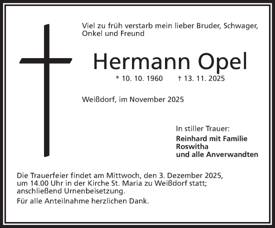 Traueranzeige von Hermann Opel von Frankenpost