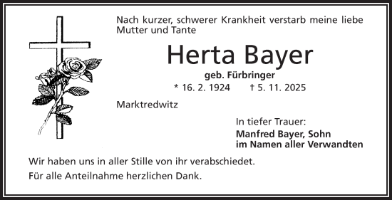 Traueranzeige von Herta Bayer von Frankenpost