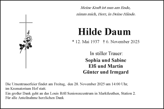 Traueranzeige von Hilde Daum von Frankenpost