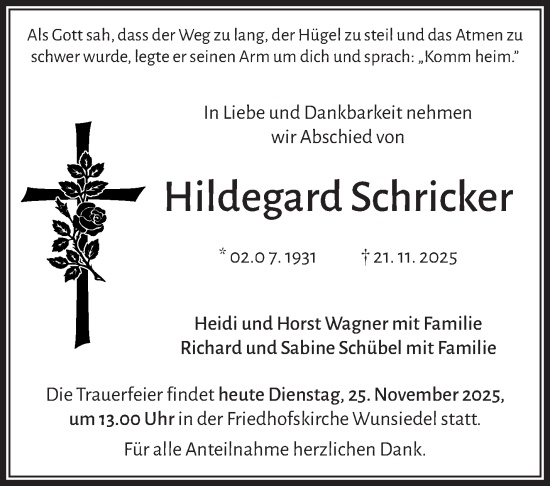 Traueranzeige von Hildegard Schricker von Frankenpost