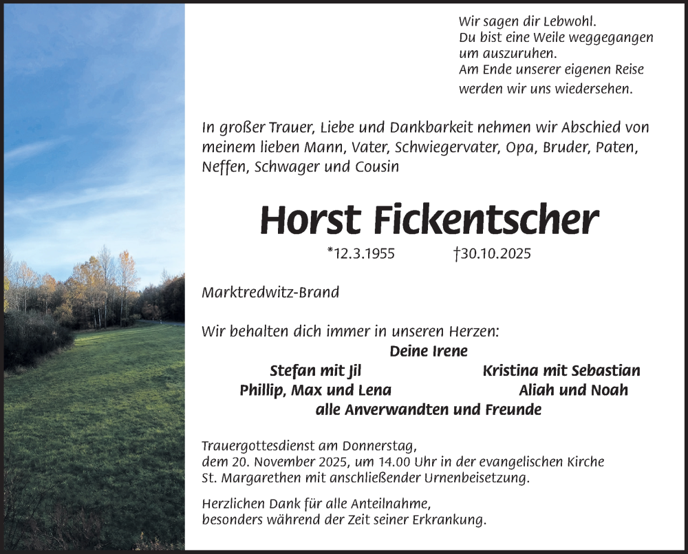  Traueranzeige für Horst Fickentscher vom 15.11.2025 aus Frankenpost